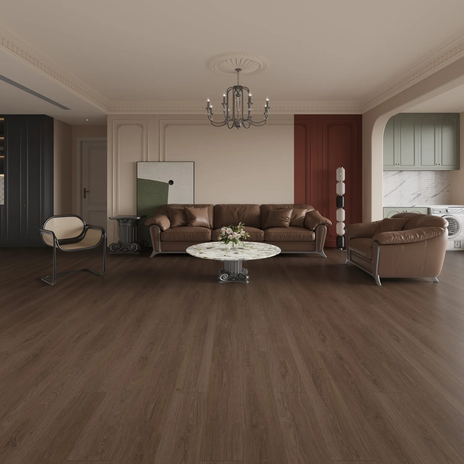 Dark oak engineered timber flooring in a modern lounge room