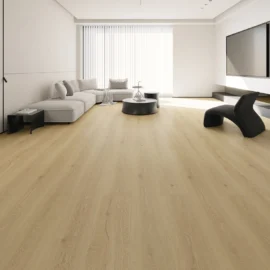 Blonde oak hybrid flooring in a contemporary living room
