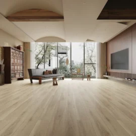 Blonde oak hybrid flooring in a bright open plan interior